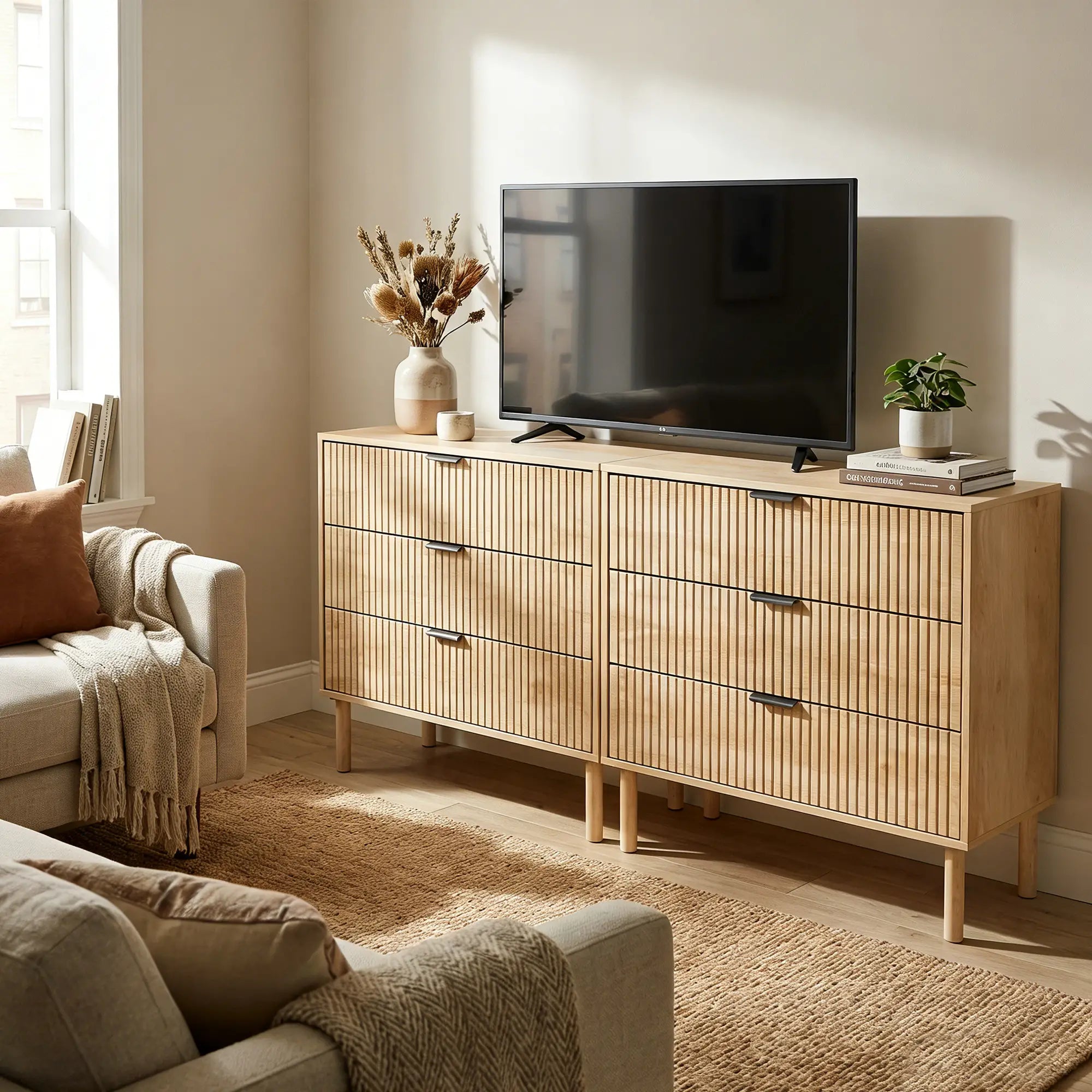 3 Drawer Dresser, Fluted Panels, Solid Wood Legs, Oak Storage Cabinets at Gallery Canada