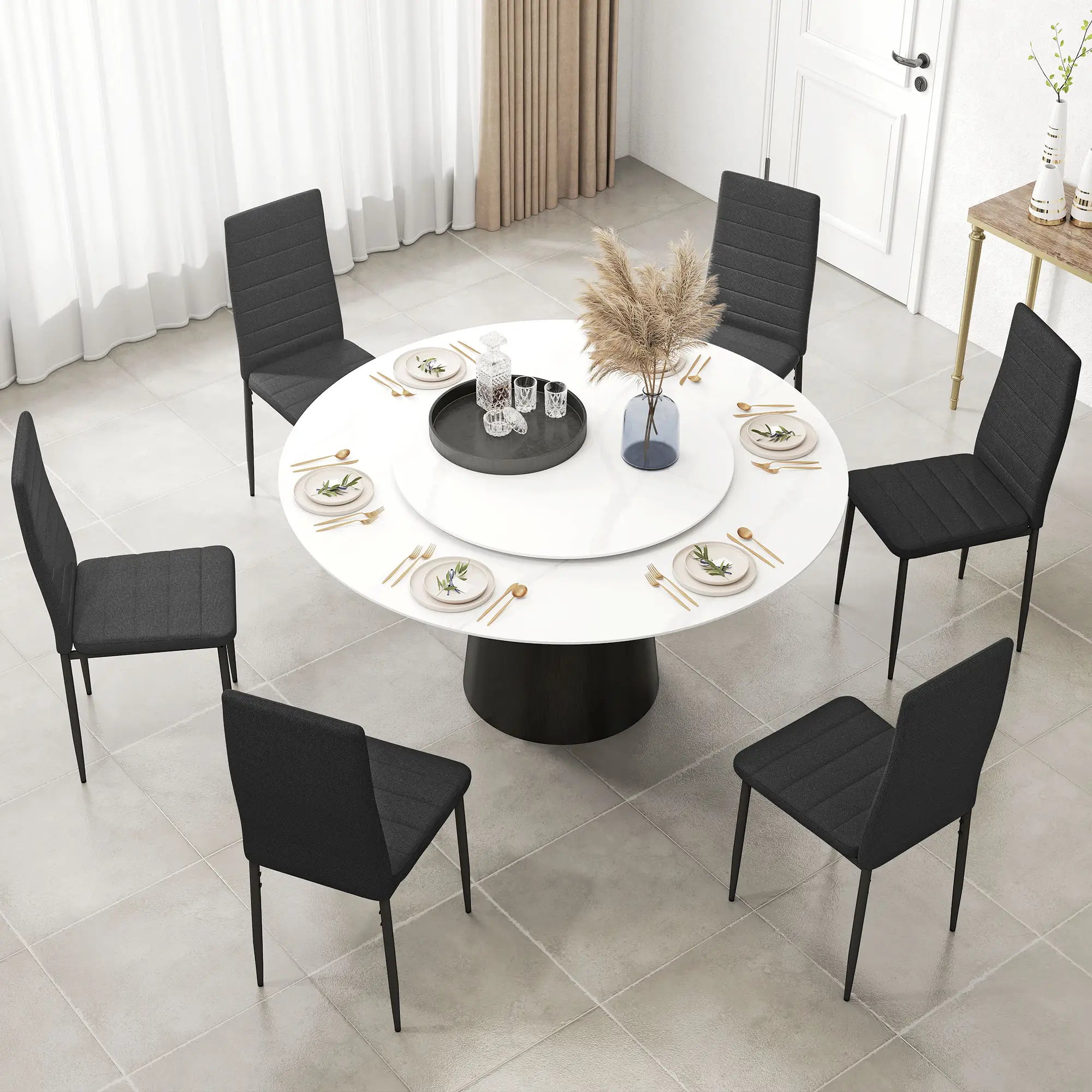 Modern High Back Dining Chairs, PU Leather Upholstered, Set of 6, Black Dining Chairs at Gallery Canada