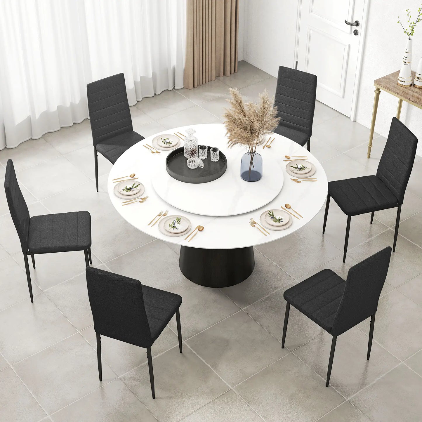 Modern High Back Dining Chairs, PU Leather Upholstered, Set of 6, Black Dining Chairs at Gallery Canada