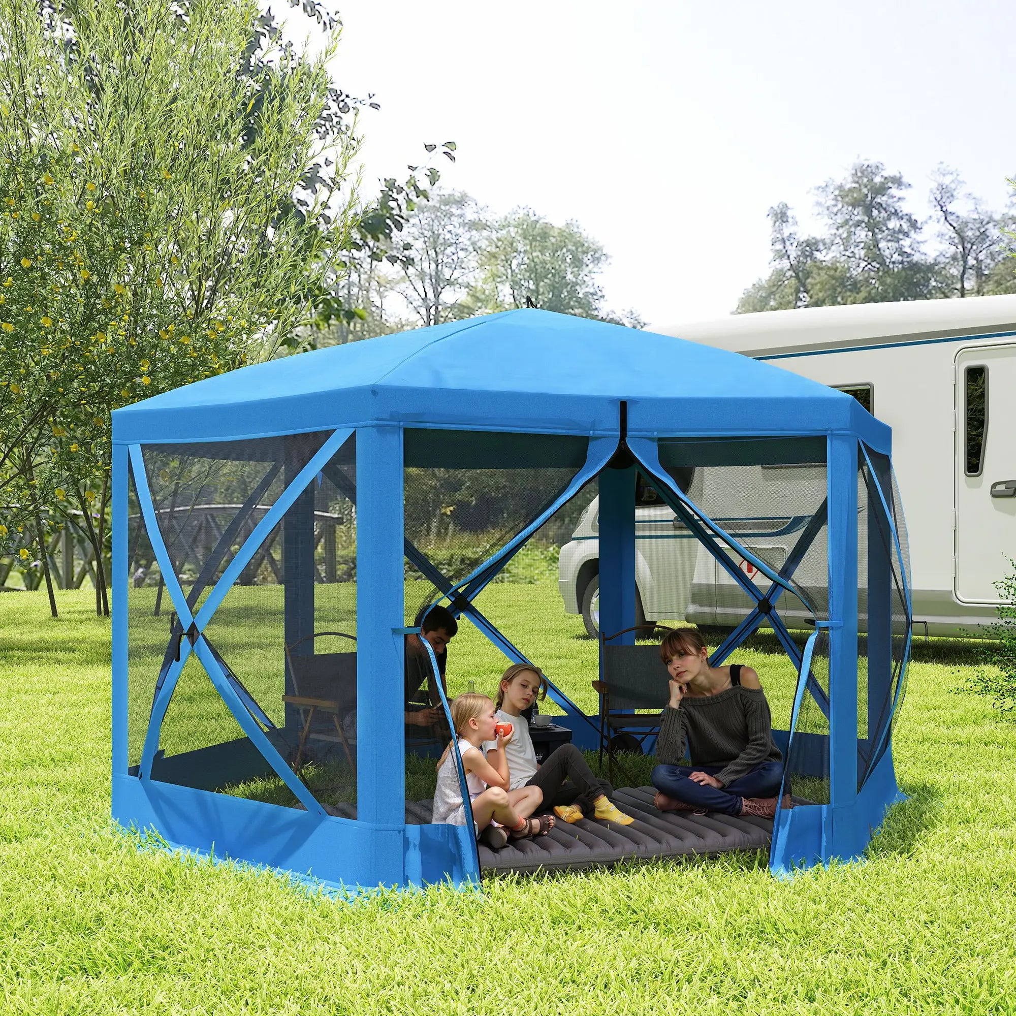 12' x 12' Hexagon Pop Up Screen Tent, Camping Shelter With Mesh Sidewalls, Carry Bag, Blue Pop Up Canopies at Gallery Canada