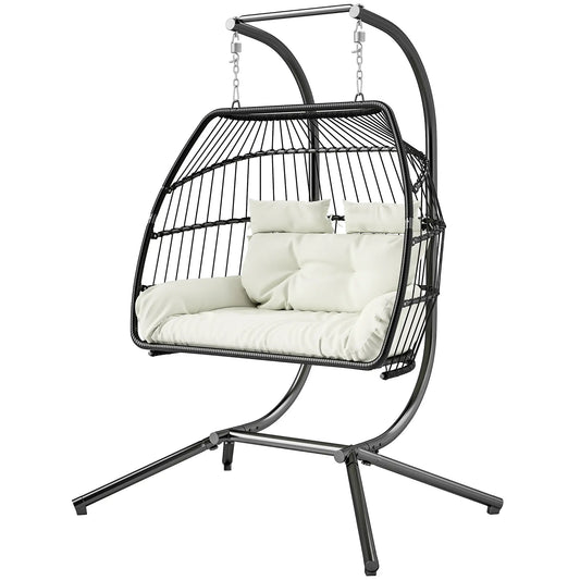 Double Wicker Egg Swing Chair, Foldable with Stand, UV Resistant Cushion, Cream White Patio Swings with Stand Cream at Gallery Canada