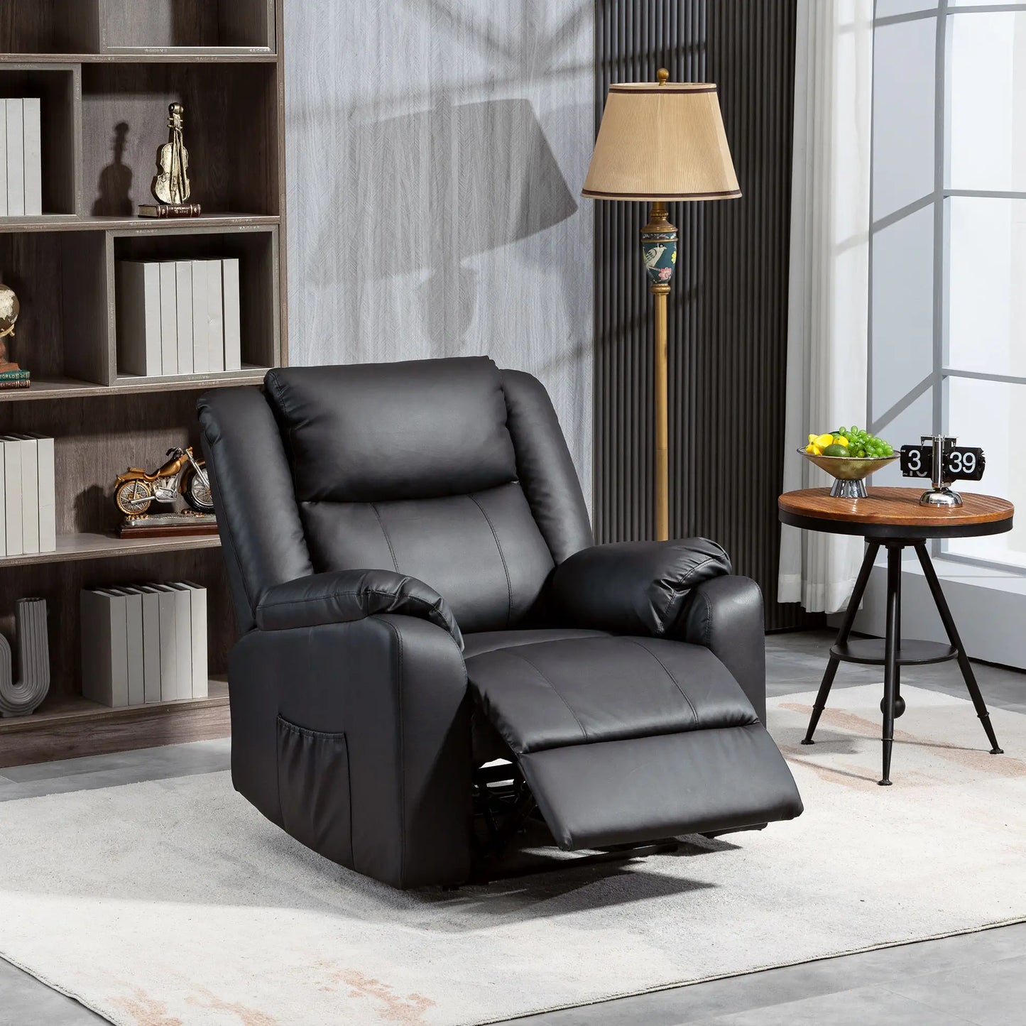 PU Leather Reclining Chair, Recliner Chair for Living Room with Footrest and 2 Side Pockets, Black Single Sofas at Gallery Canada