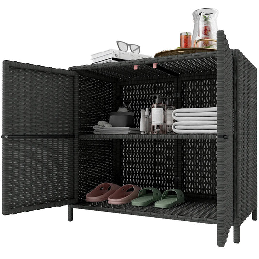 Outdoor Storage Cabinet, Double Magnetic Doors, PE Rattan Towel Rack, Dark Grey Patio Storage Boxes Dark Grey at Gallery Canada
