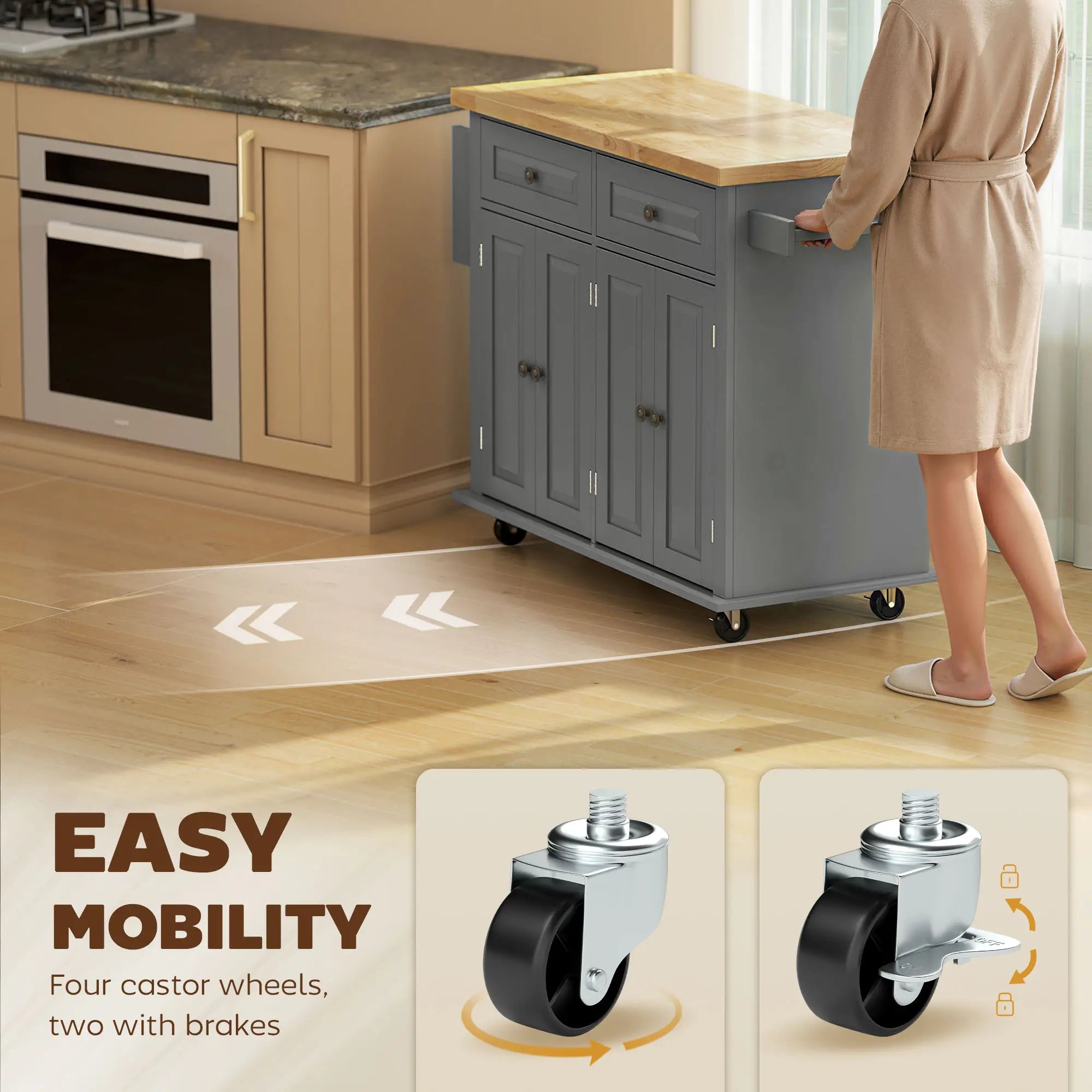 Kitchen Island with Storage, Rolling Cart, Rubber Wood Top, Grey Kitchen Islands & Kitchen Carts at Gallery Canada