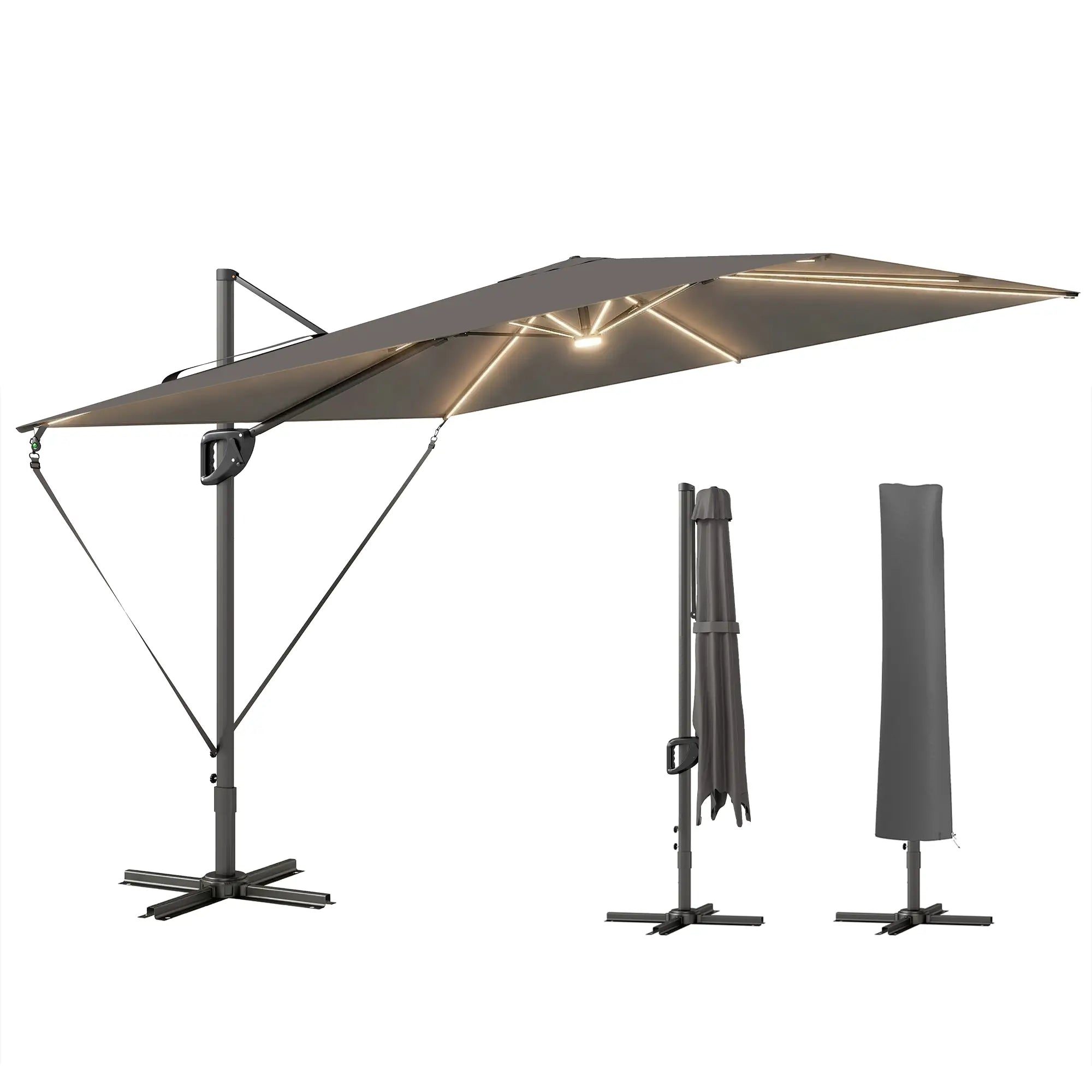 10 x 9.7 Ft Offset Cantilever Patio Umbrella With Lights, Dark Grey Offset Cantilever Umbrellas Dark Grey at Gallery Canada