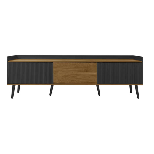 Three Door Stand, Raised Edge, Sturdy Wooden Legs, 63" L x 15.5" W x 19.5" H, Natural, Black TV Stands Black, Natural at Gallery Canada