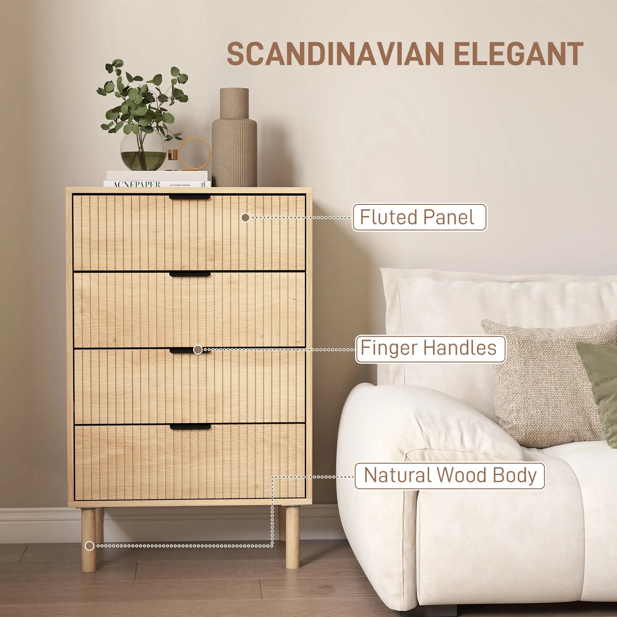 4 Drawer Dresser, Fluted Panels, Solid Wood Legs, Oak Storage Cabinets at Gallery Canada