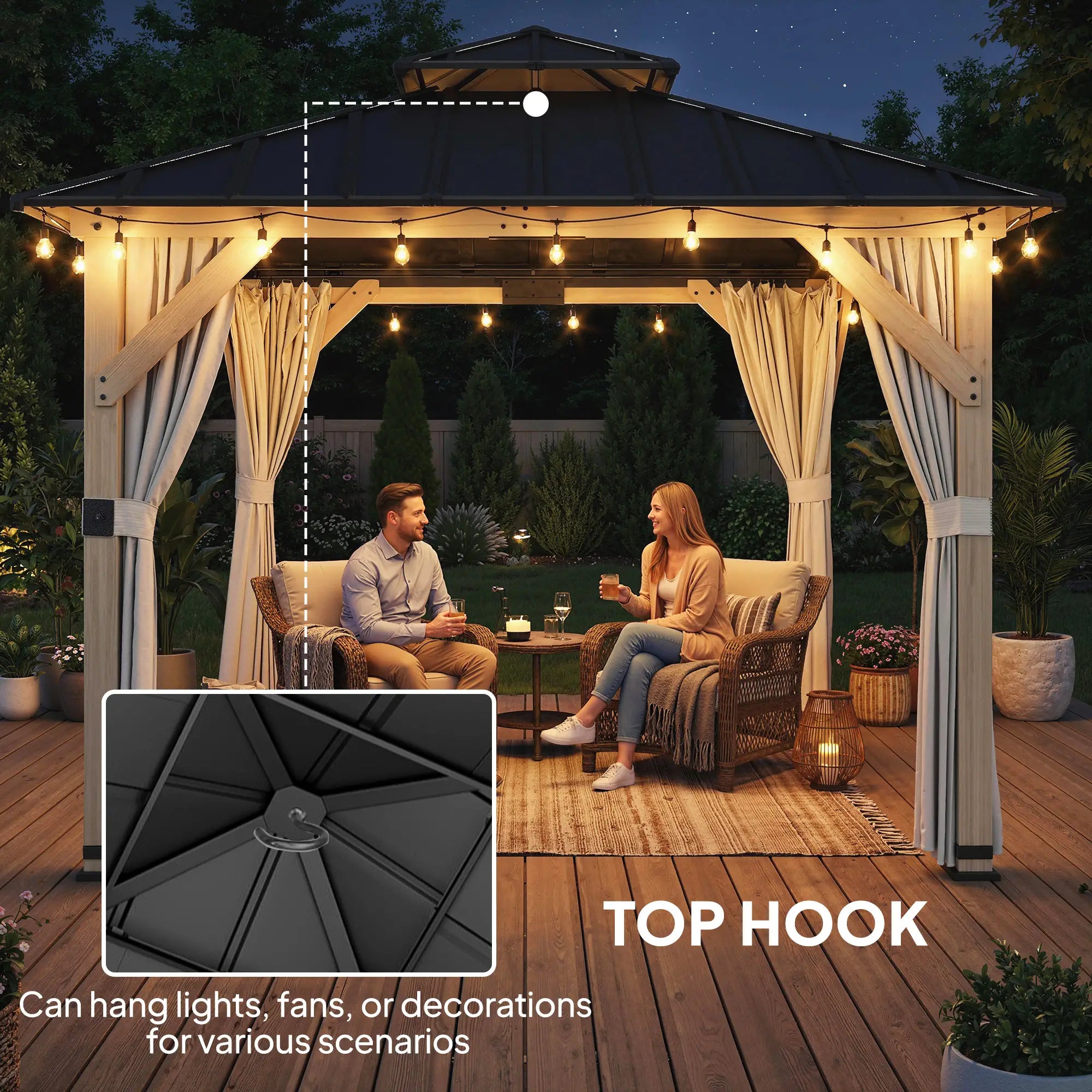 10' x 10' Hardtop Gazebo, Steel Roof, Wood Patio, Light Grey Gazebos at Gallery Canada