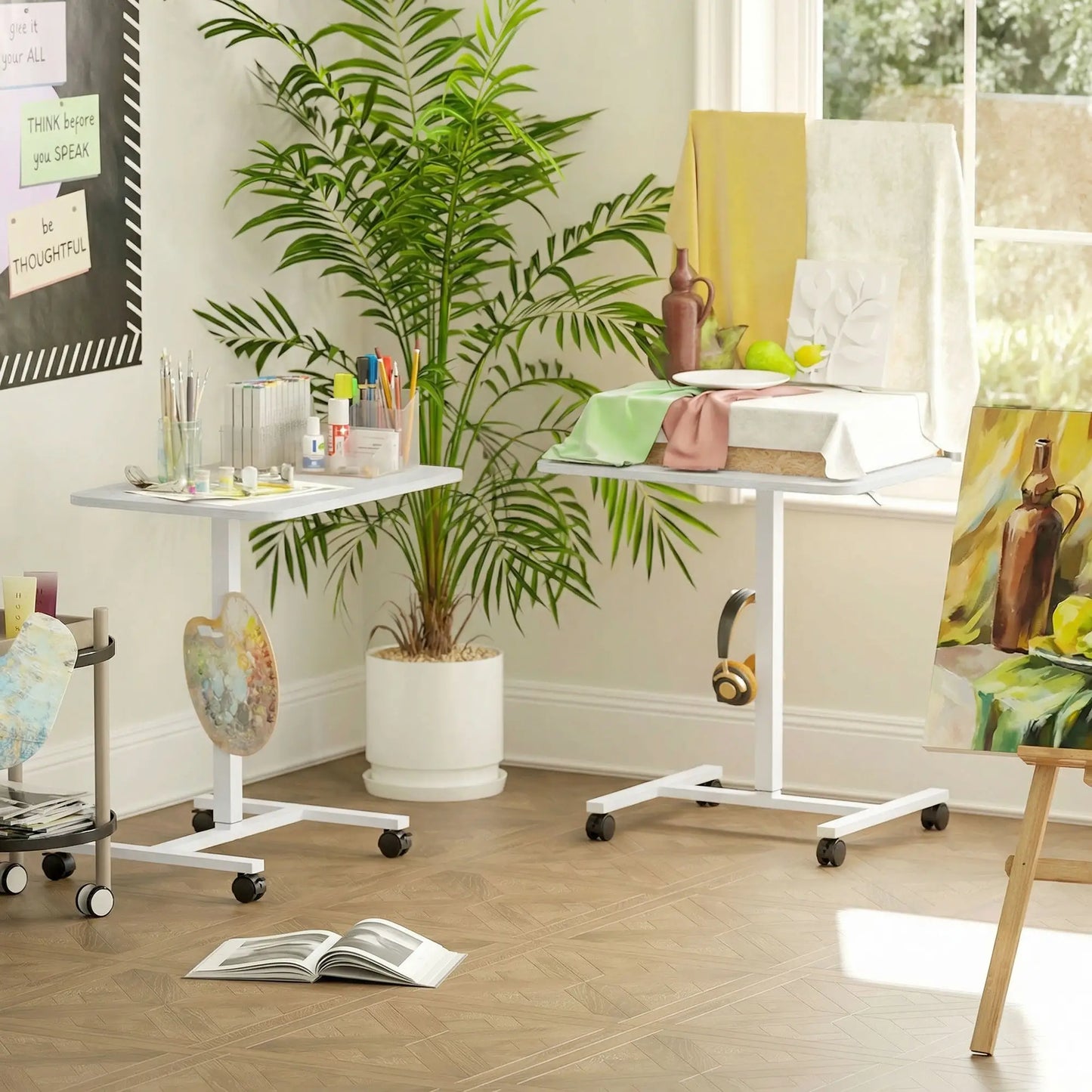 Height Adjustable Standing Desk, Pneumatic Sit Stand Desk, White Wood Grain, White Office Desks & Work Stations at Gallery Canada