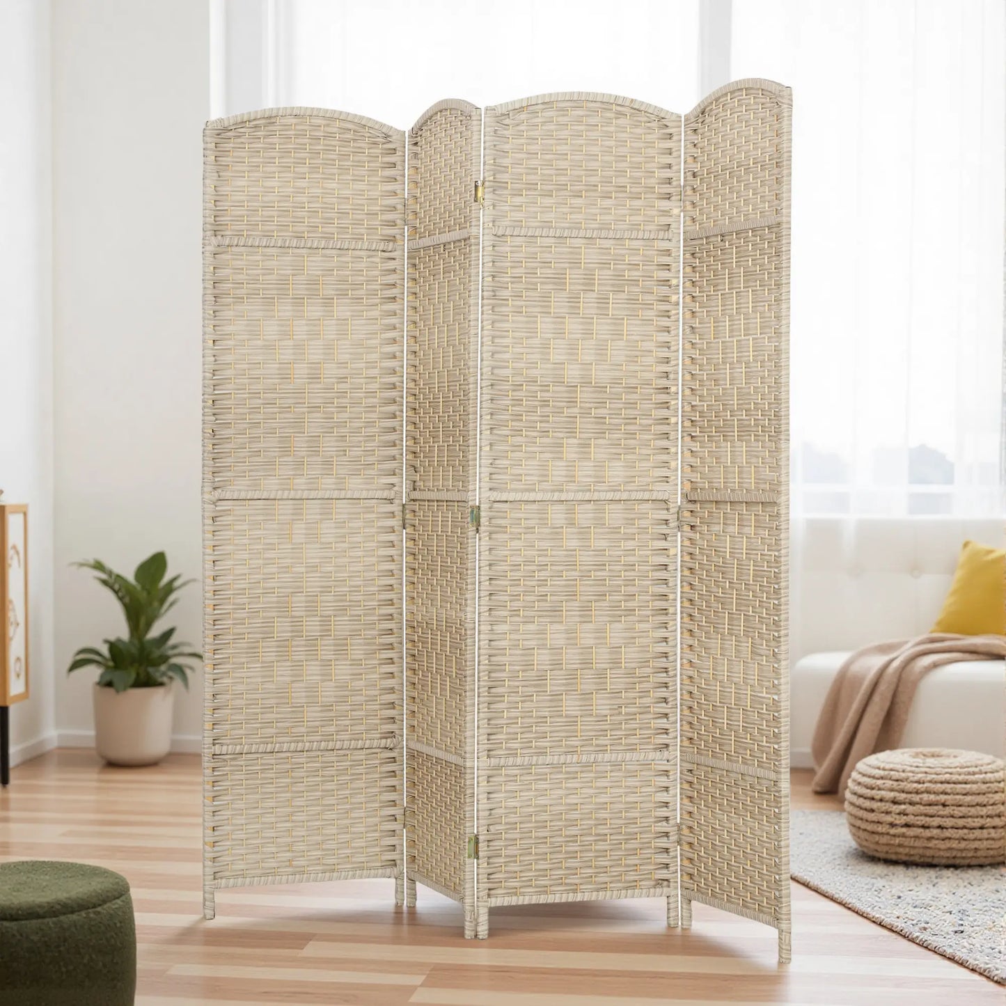 6 Ft Tall Folding Room Divider, 4 Panel Privacy Screen, Light Oak