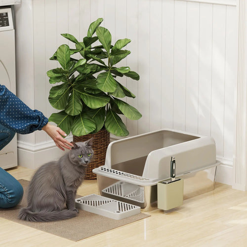 Stainless Steel Cat Litter Box, High Sided, Metal Scoop Holder, Easy Clean