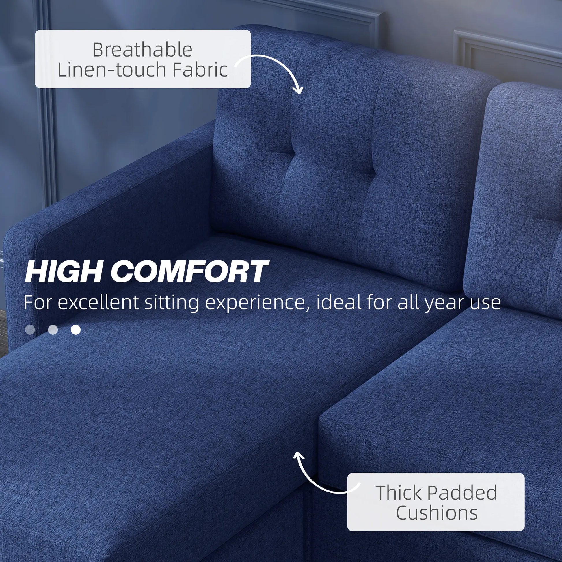 L-shaped Sofa, 3 Seater Sectional Couch with Ottoman, Corner Sofa with Thick Padded Cushion and Wood Legs, Dark Blue 3-Seater Sofas at Gallery Canada