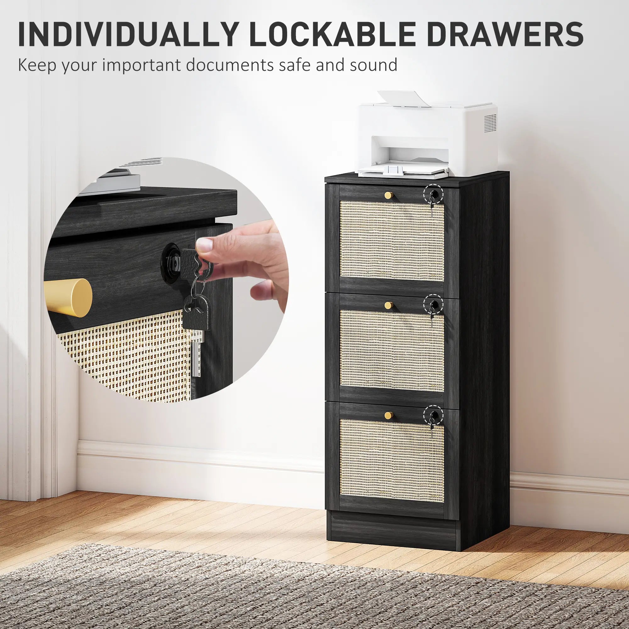 3 Drawer Filing Cabinet with Lock, Boho Style, A4 Letter Size, Black Office Cabinets & Cupboards at Gallery Canada