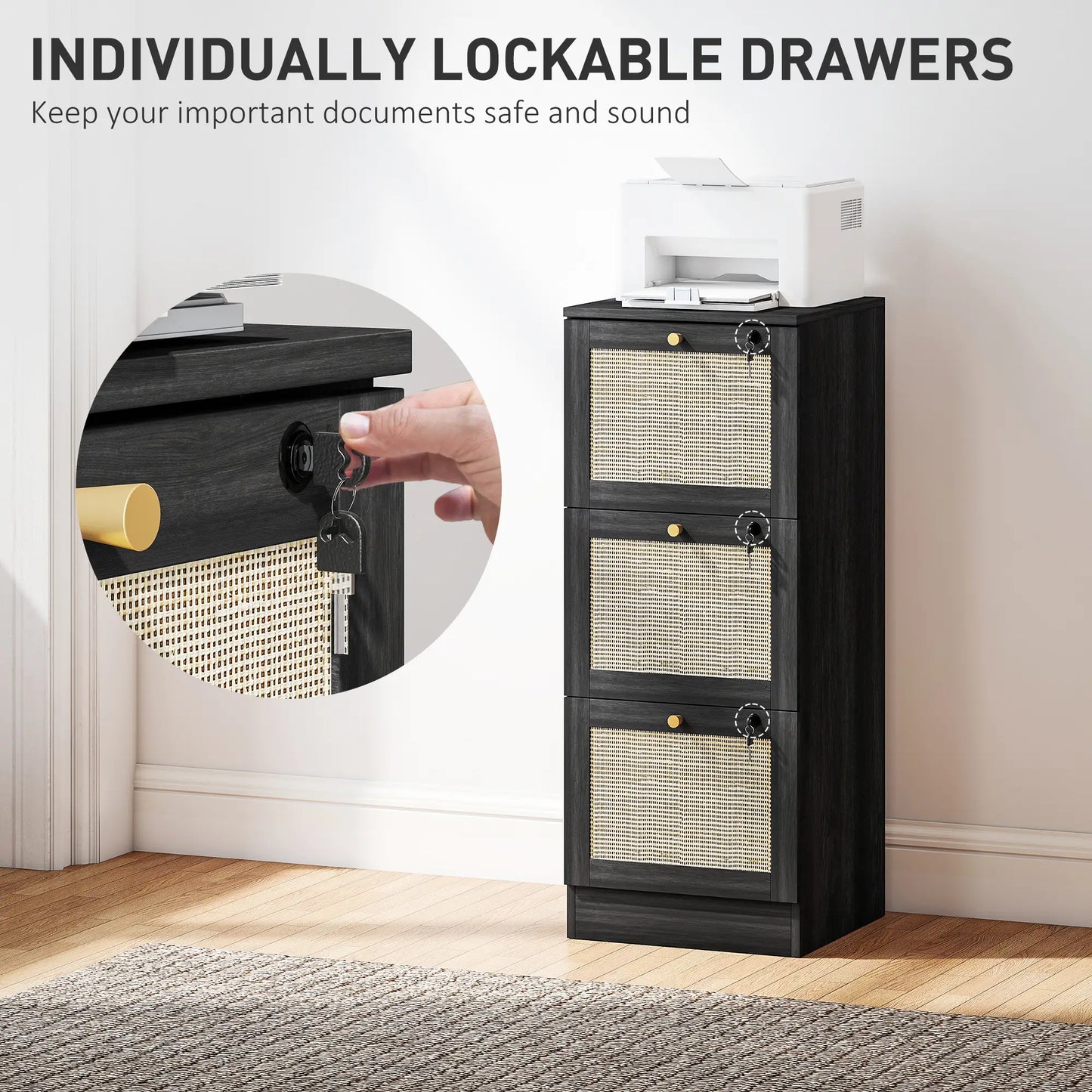 3 Drawer Filing Cabinet with Lock, Boho Style, A4 Letter Size, Black Office Cabinets & Cupboards at Gallery Canada