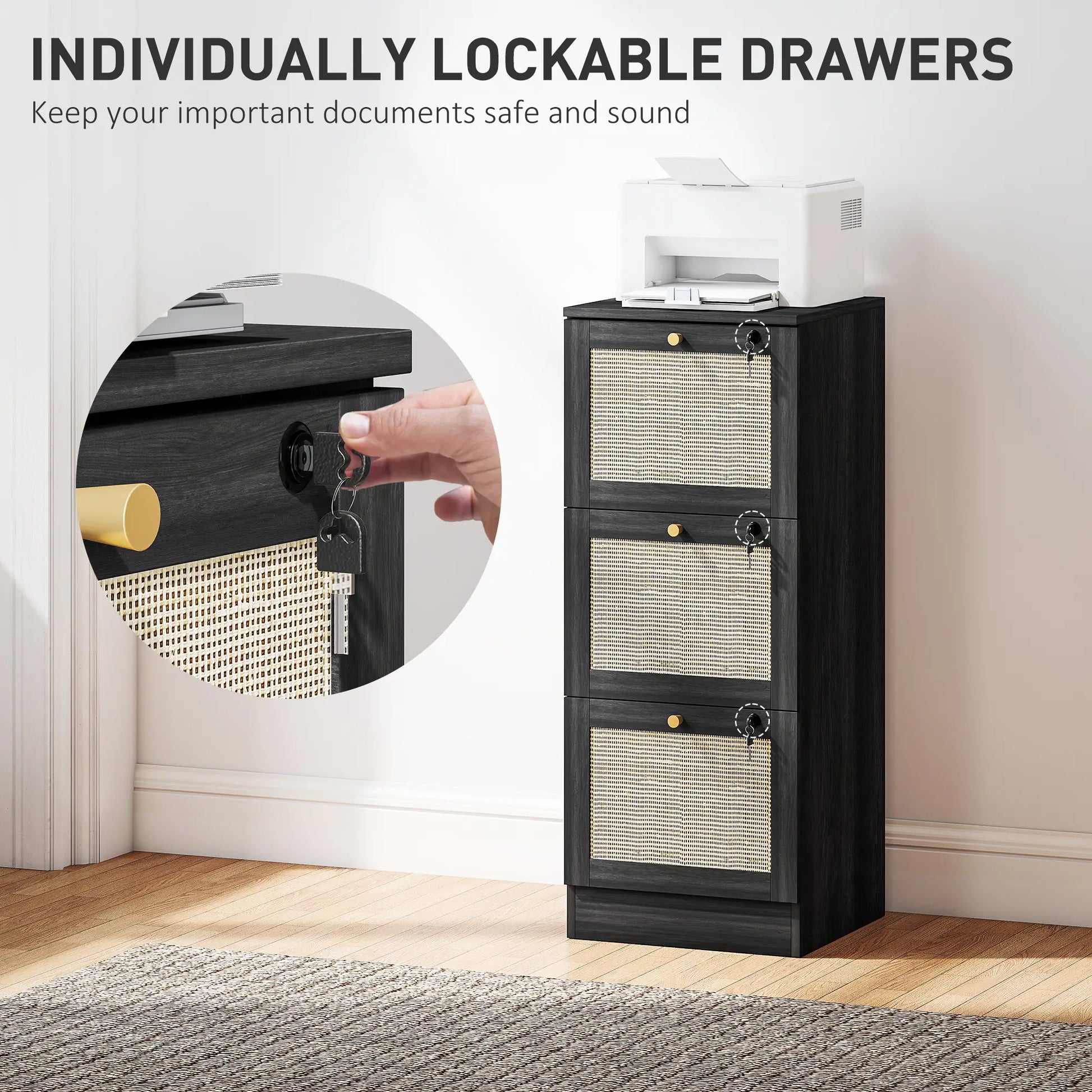 3 Drawer Filing Cabinet with Lock, Boho Style, A4 Letter Size, Black Office Cabinets & Cupboards at Gallery Canada