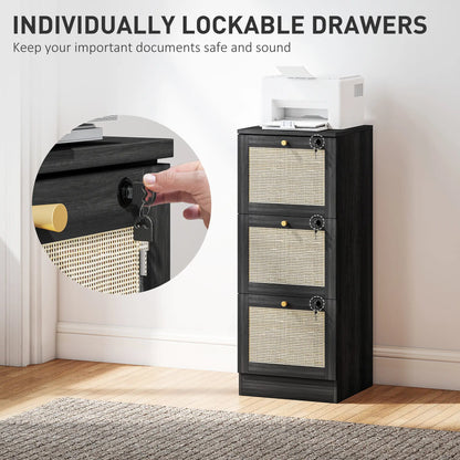 3 Drawer Filing Cabinet with Lock, Boho Style, A4 Letter Size, Black Office Cabinets & Cupboards at Gallery Canada