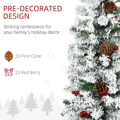 6 Foot Flocked Artificial Christmas Tree, 600 Pine Branches, Pine Cones, Red Berries, Auto Open, Green Pencil Christmas Trees at Gallery Canada