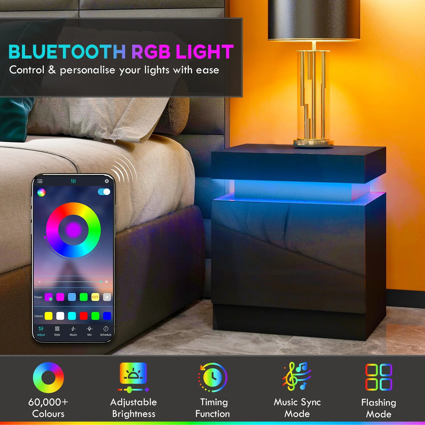 Nightstand, Bedside Table with LED Lights, 2 Drawers, Black Bedside Tables at Gallery Canada