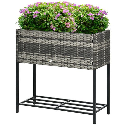 Rattan Raised Garden Box, Elevated Flower Bed with Shelf, Mixed Grey, Grey Plant Stands Mixed Grey, Black at Gallery Canada