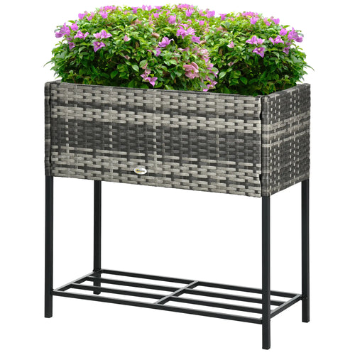 Rattan Raised Garden Box, Elevated Flower Bed with Shelf, Mixed Grey, Grey