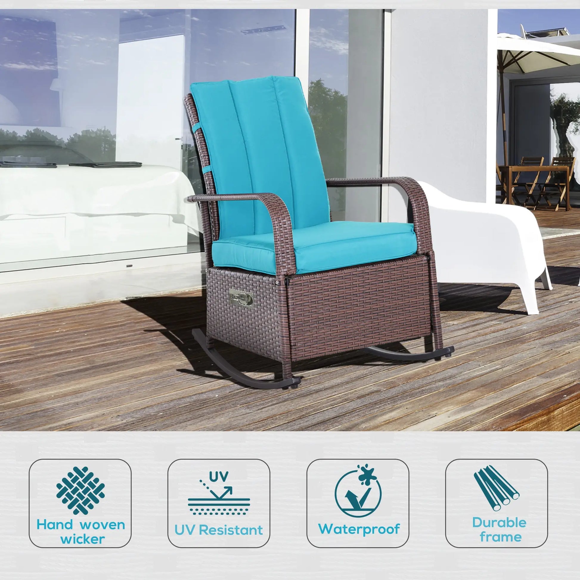 Outdoor Wicker Rocking Chair, PE Rattan Recliner with Cushion, Adjustable Footrest, Turquoise Outdoor Rocking Chairs at Gallery Canada