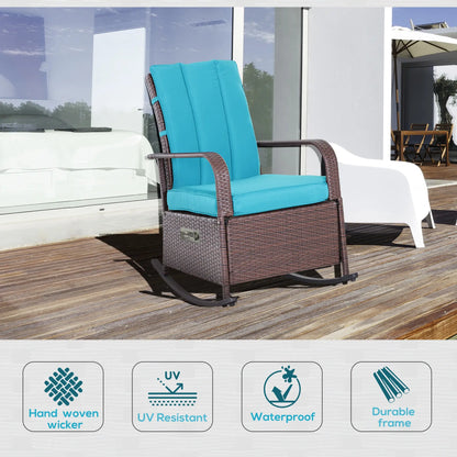 Outdoor Wicker Rocking Chair, PE Rattan Recliner with Cushion, Adjustable Footrest, Turquoise Outdoor Rocking Chairs at Gallery Canada