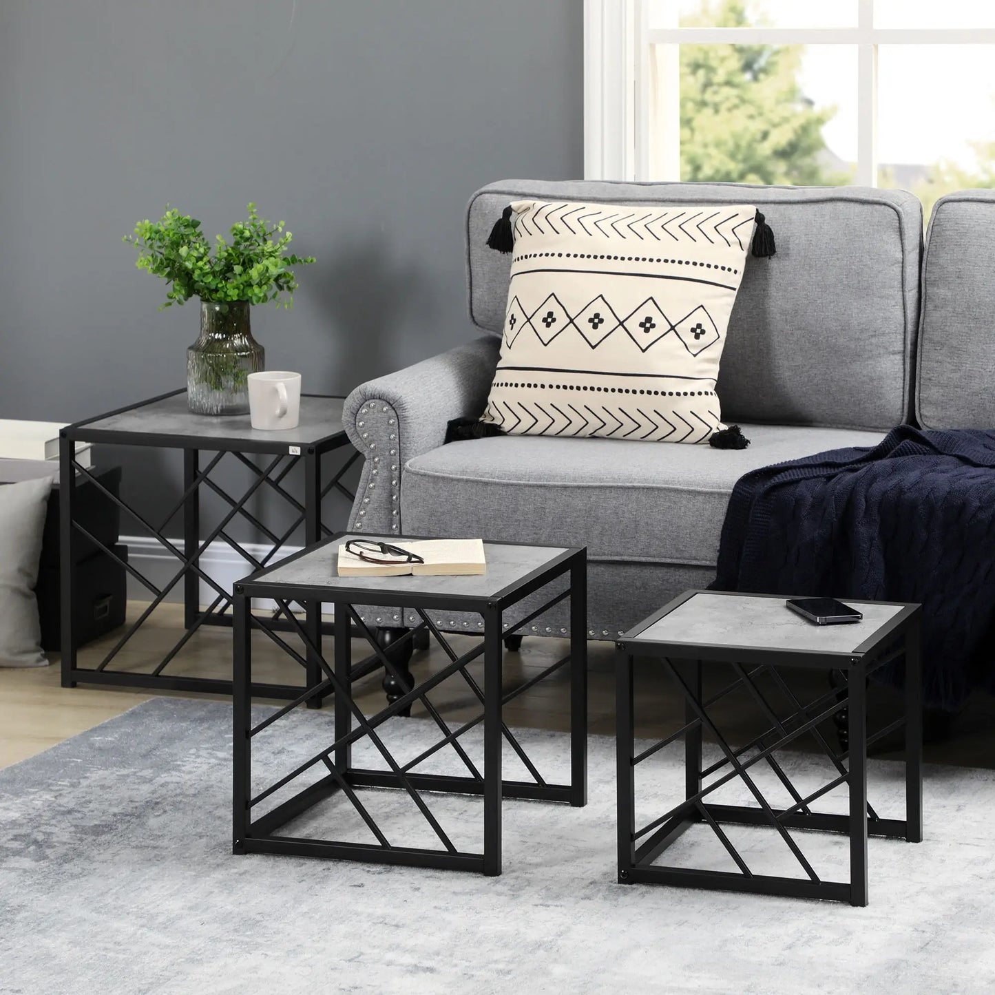 Square Nest of Tables Set of 3, Metal Frame, for Living Room, Grey Coffee Tables at Gallery Canada