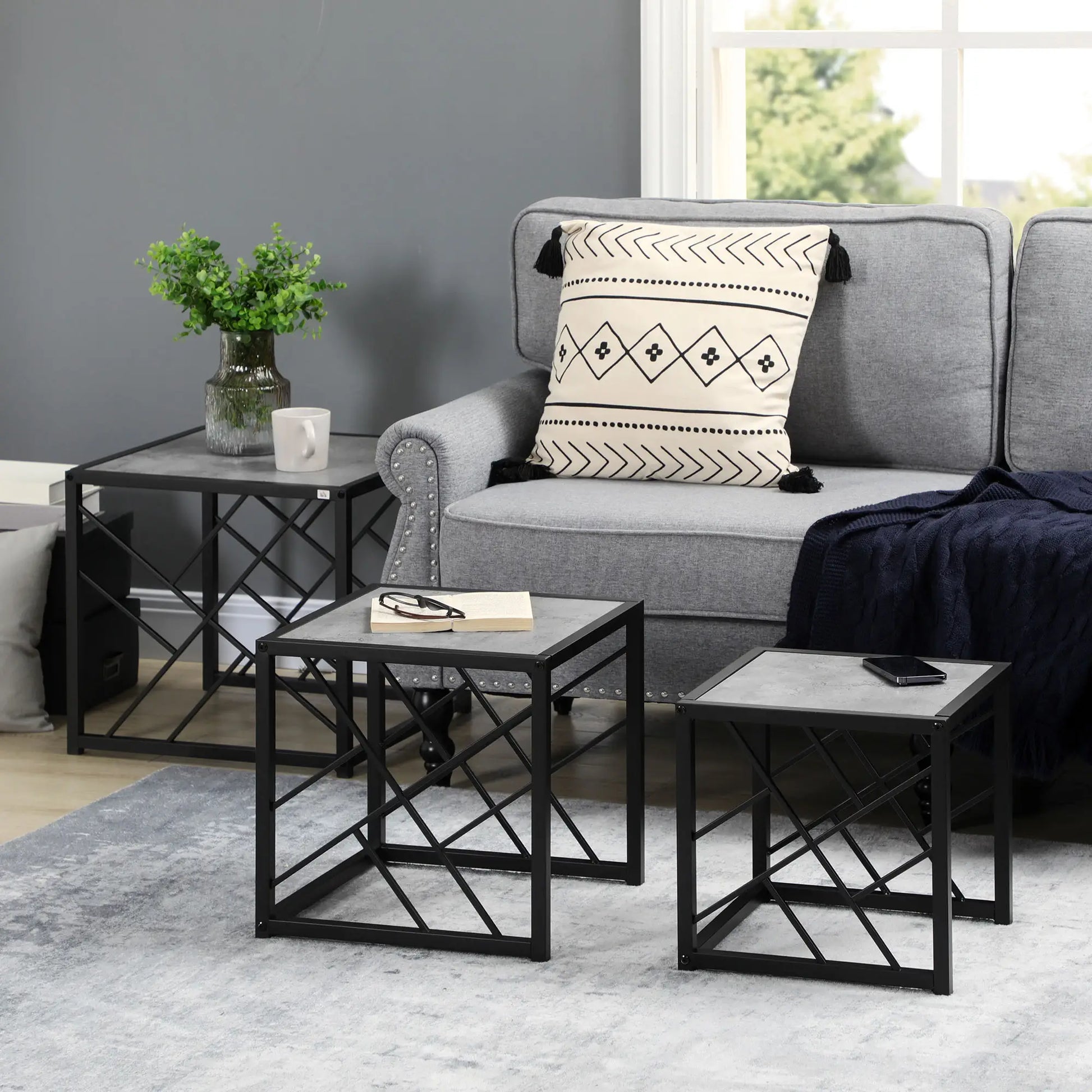Square Nest of Tables Set of 3, Metal Frame, for Living Room, Grey Coffee Tables at Gallery Canada