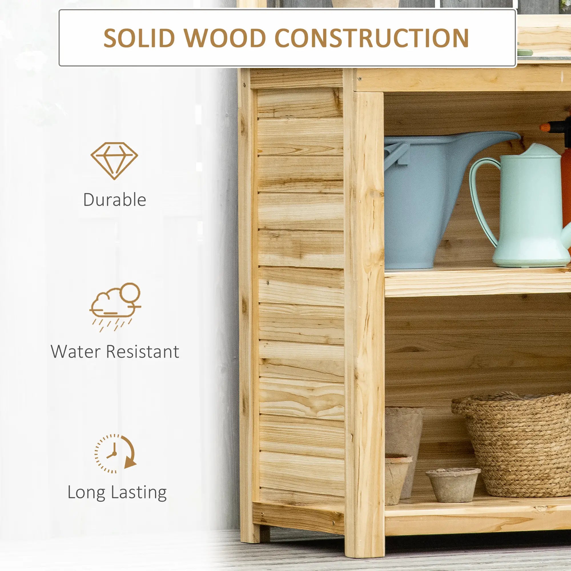 Potting Bench Table, Wooden Garden Workstation with Storage Shelves and Hooks Potting Benches & Tables at Gallery Canada