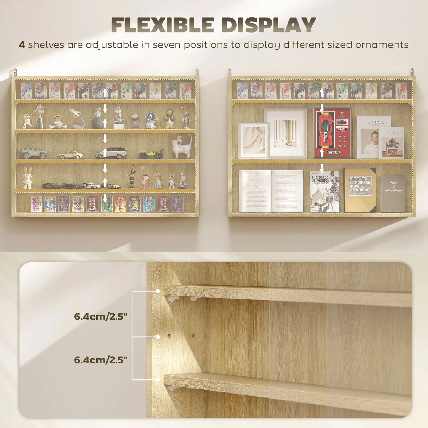 5-Tier Display Cabinet, 2 Glass Doors, 4 Adjustable Shelves, Oak Display Bookshelves at Gallery Canada