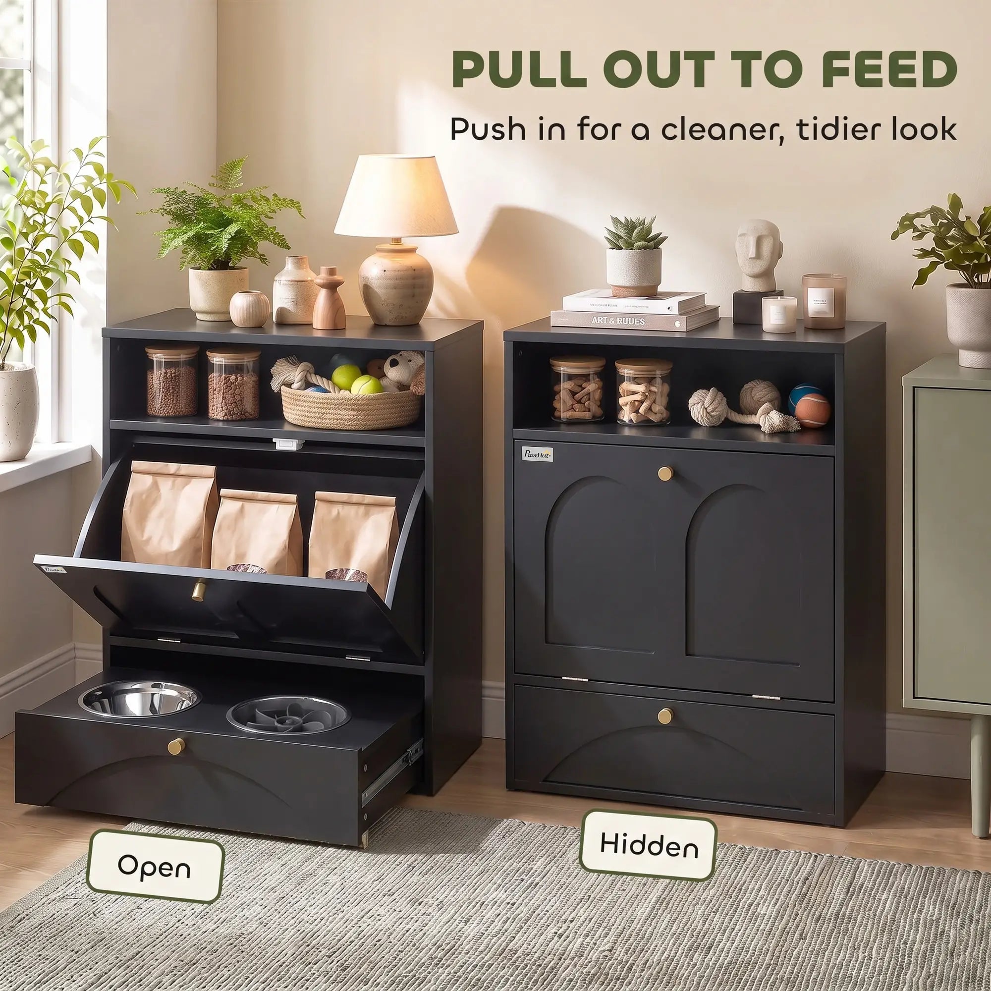 Dog Feeding Station, Food Storage Cabinet, 2 Elevated Bowls, Black Dog Bowls at Gallery Canada