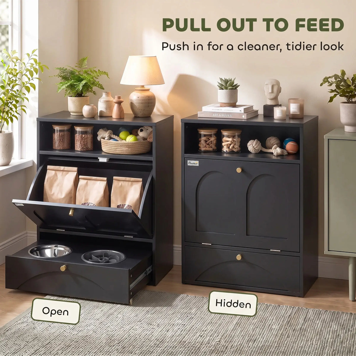 Dog Feeding Station, Food Storage Cabinet, 2 Elevated Bowls, Black Dog Bowls at Gallery Canada