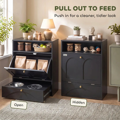 Dog Feeding Station, Food Storage Cabinet, 2 Elevated Bowls, Black Dog Bowls at Gallery Canada