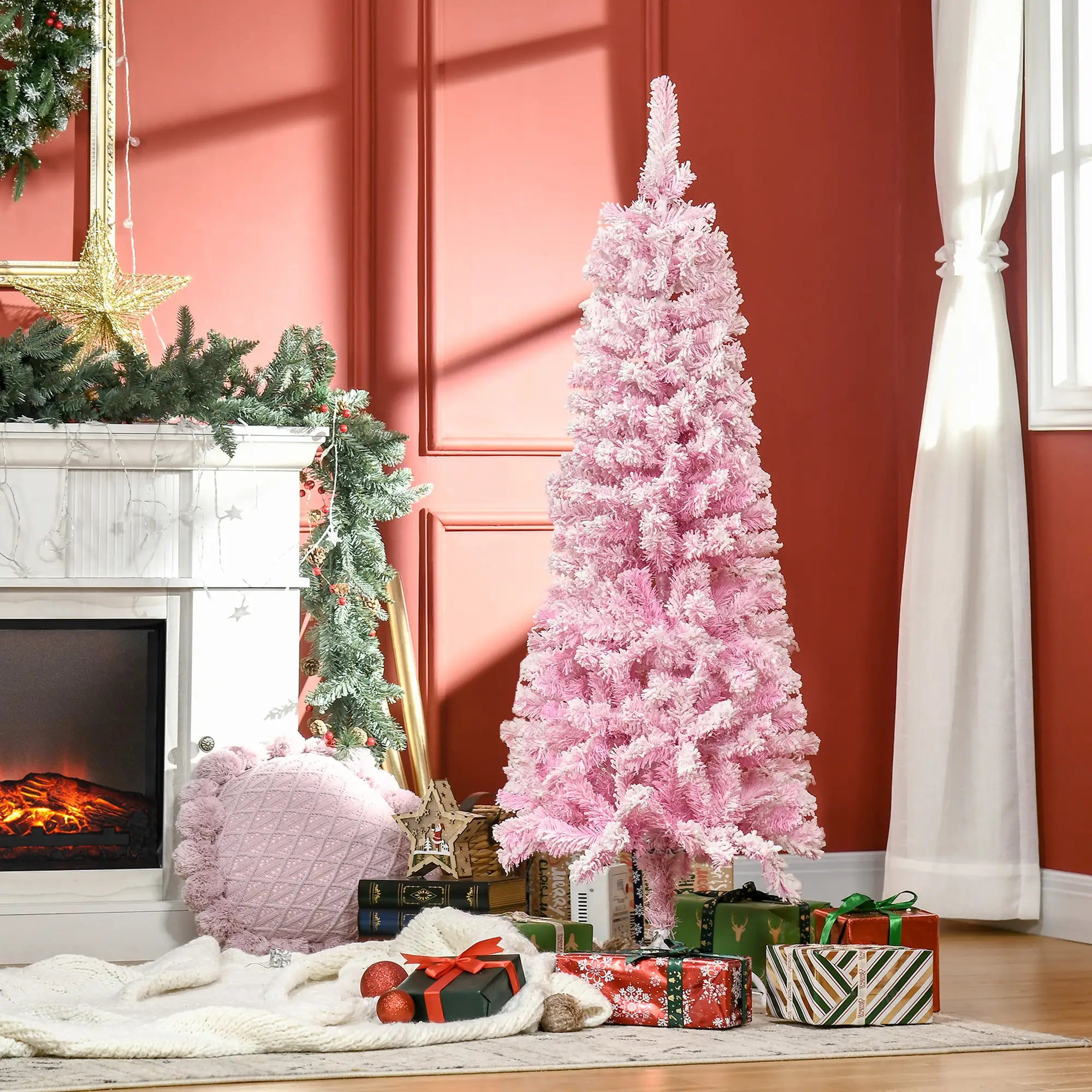 5 FT Snow Flocked Artificial Christmas Tree, Pencil Xmas Tree, Steel Base, Pink Artificial Christmas Trees at Gallery Canada