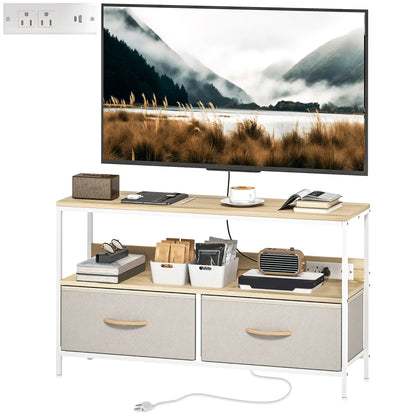 TV Stand With Charging Station, 2 Foldable Drawers, Open Shelf, 47 Inch, Oak TV Stands Oak, Light Grey at Gallery Canada