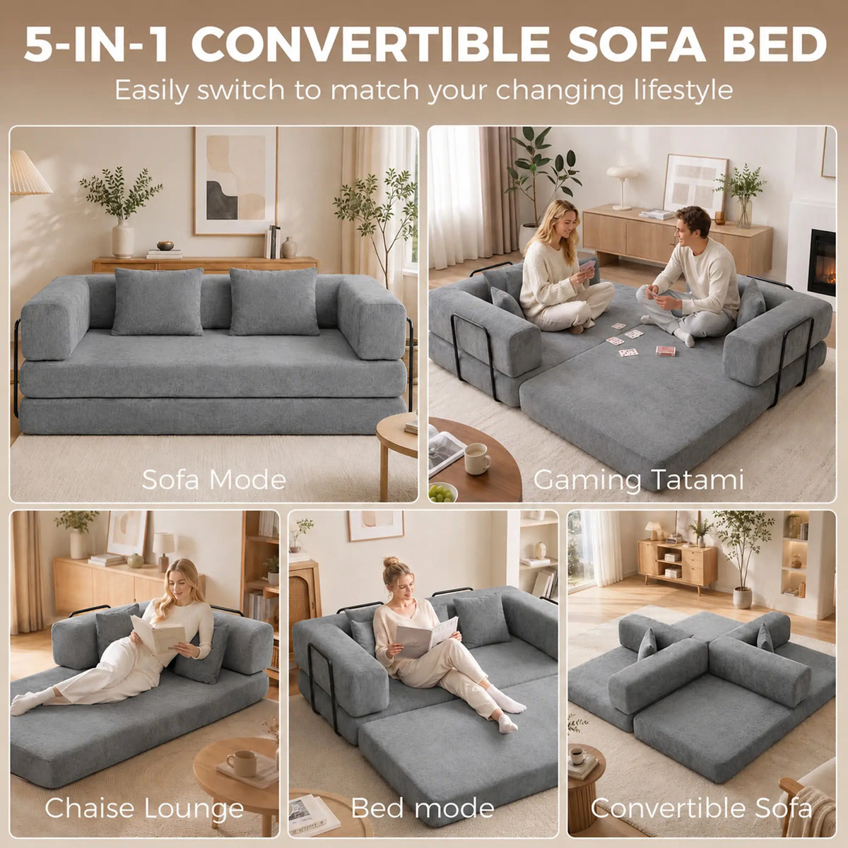 81" Convertible Sofa Bed 5-in-1, Grey, Deep Seat Sofas & Reclining Chairs at Gallery Canada