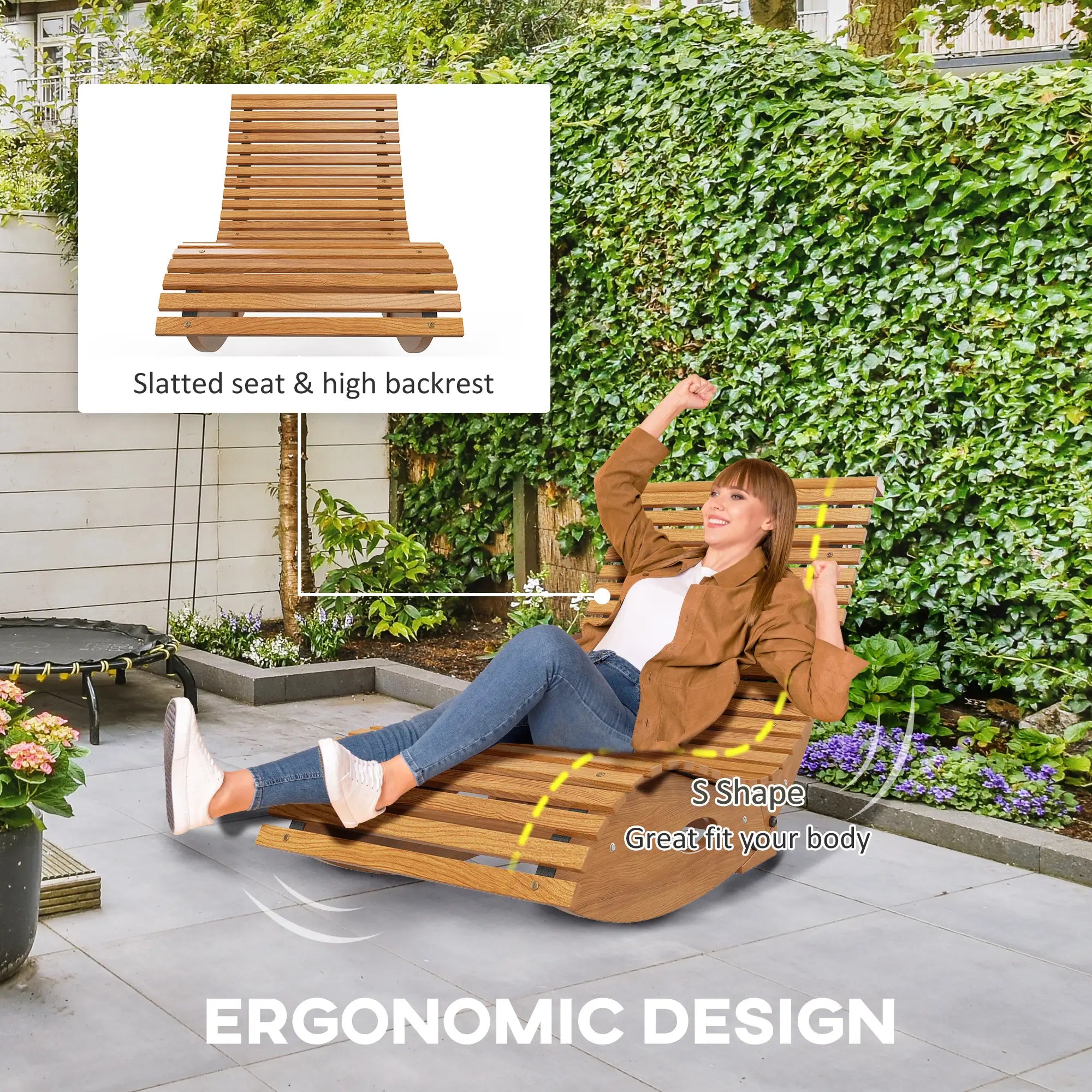 Outdoor Rocking Chair, Wooden Slatted Seat, 51.2