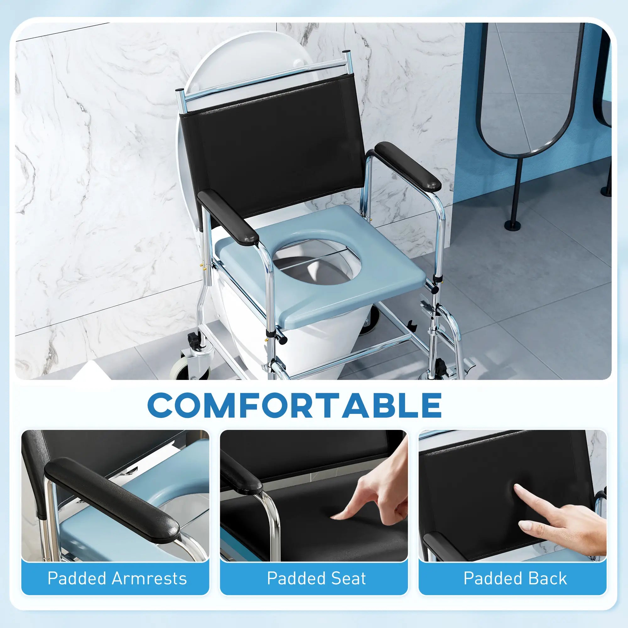Rolling Shower Chair, Bedside Commode Wheelchair, Padded Seat, 300 lbs, Black Bath Chairs at Gallery Canada