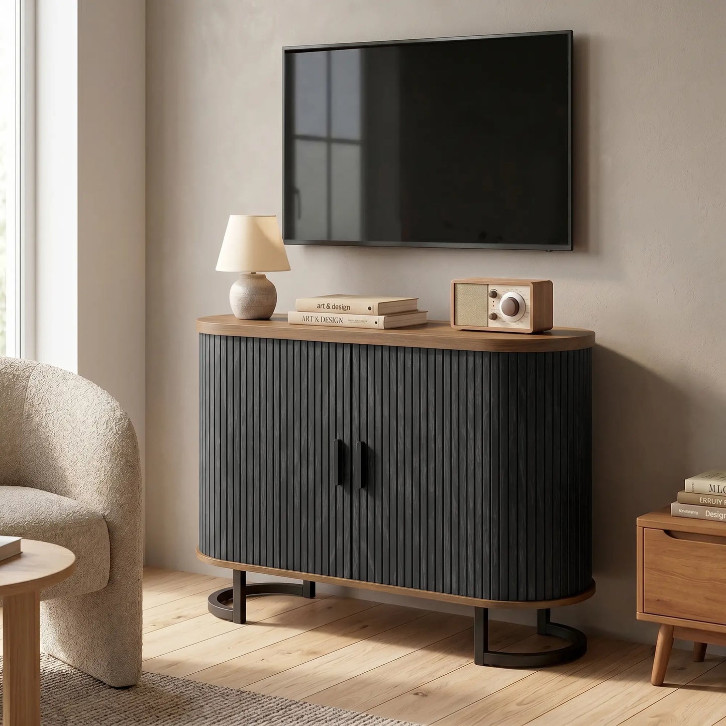 Sideboard Buffet Cabinet with Curved Tambour Doors, Brown/Black
