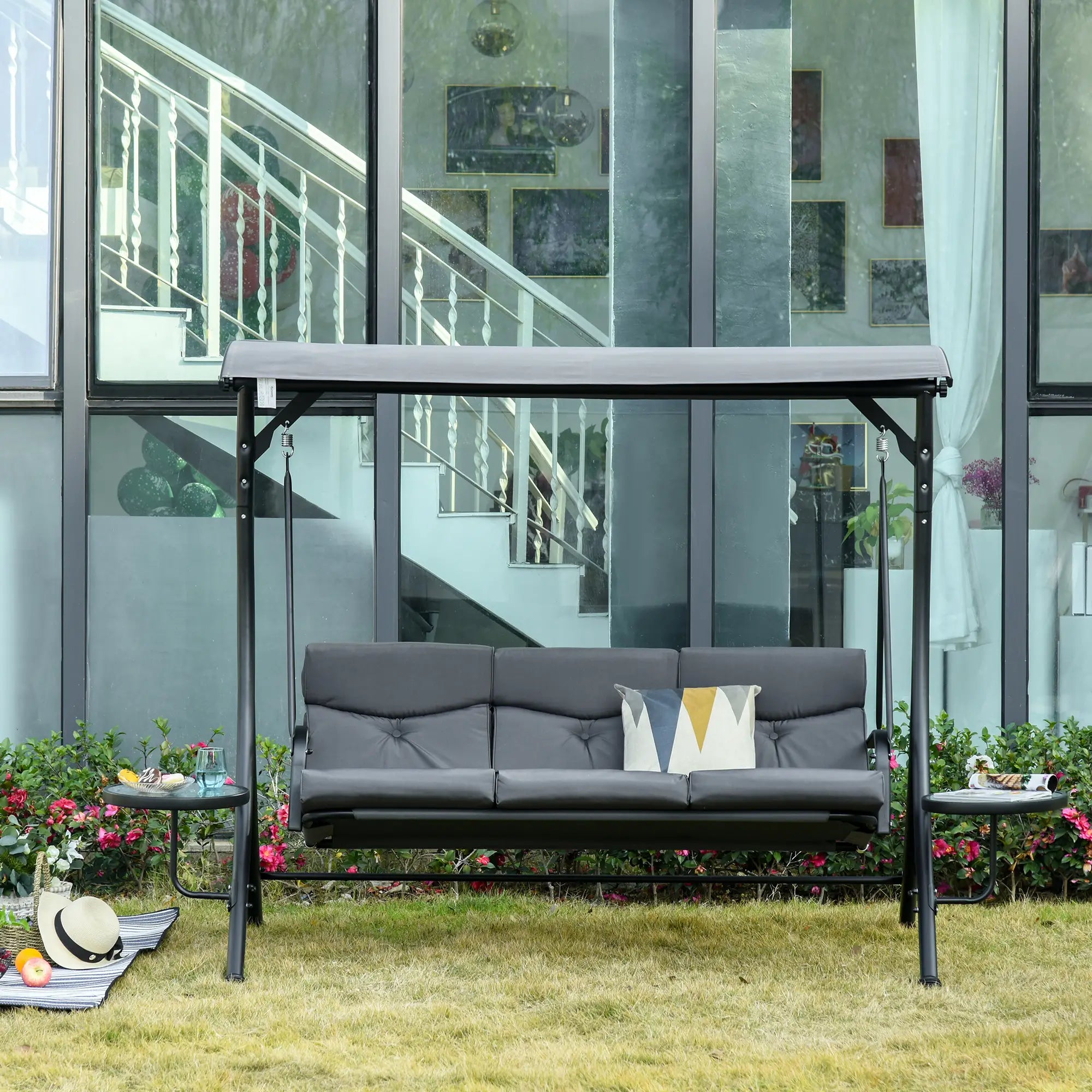 3 Seat Outdoor Swing Chair Steel Bench with Adjustable Canopy, Dark Grey Patio Swings with Stand at Gallery Canada