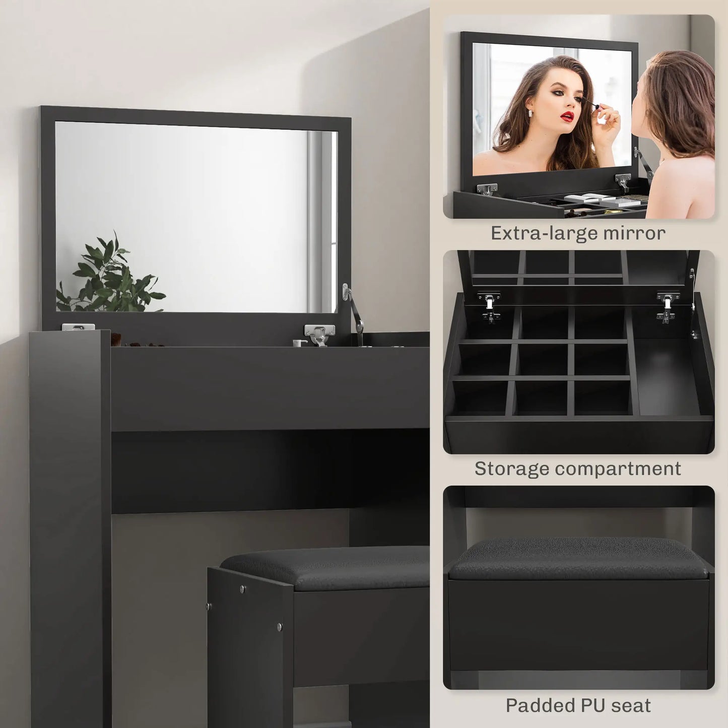 Modern Vanity Set, Makeup Table with Cushioned Stool, Flip Top Mirror, Black Dressing & Vanity Tables at Gallery Canada