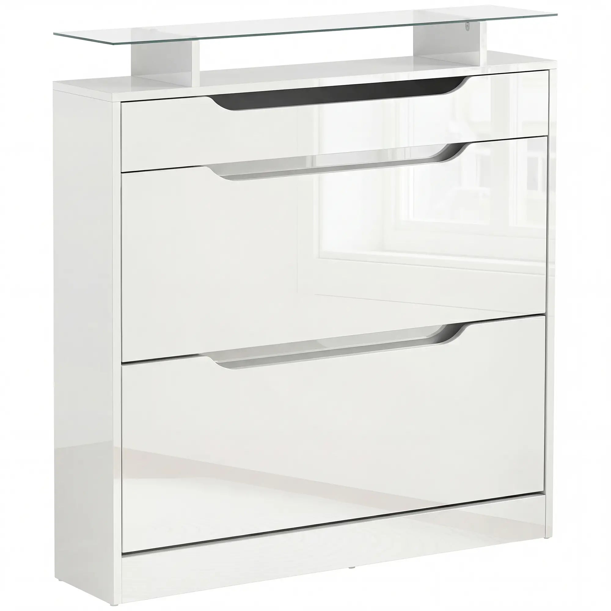 High Gloss Shoe Cabinet, 2 Flip Drawers, Adjustable Shelves, Glass Top, White Shoe Storage Cabinets & Racks at Gallery Canada