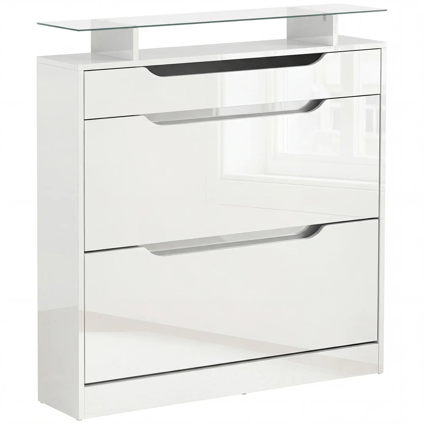 High Gloss Shoe Cabinet, 2 Flip Drawers, Adjustable Shelves, Glass Top, White Shoe Storage Cabinets & Racks at Gallery Canada