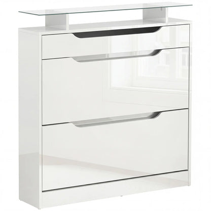 High Gloss Shoe Cabinet, 2 Flip Drawers, Adjustable Shelves, Glass Top, White Shoe Storage Cabinets & Racks at Gallery Canada