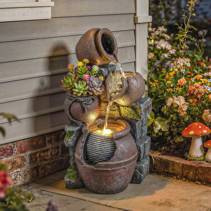 Outdoor Fountain, 4-Tier Rustic Pot, Cascading Rock Waterfall, LED Lights, Adjustable Flow Water Fountains at Gallery Canada