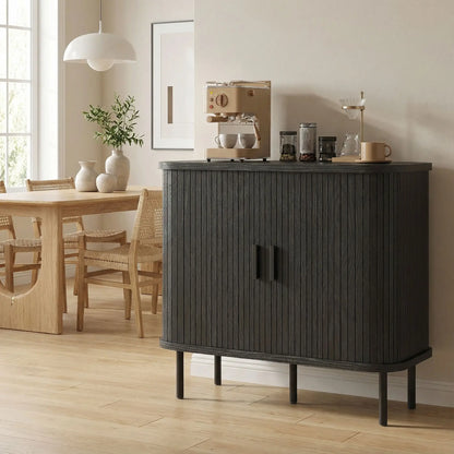 35.4" Sideboard Buffet Cabinet, Slatted Tambour Doors, Metal Legs, Black Storage Cabinets at Gallery Canada