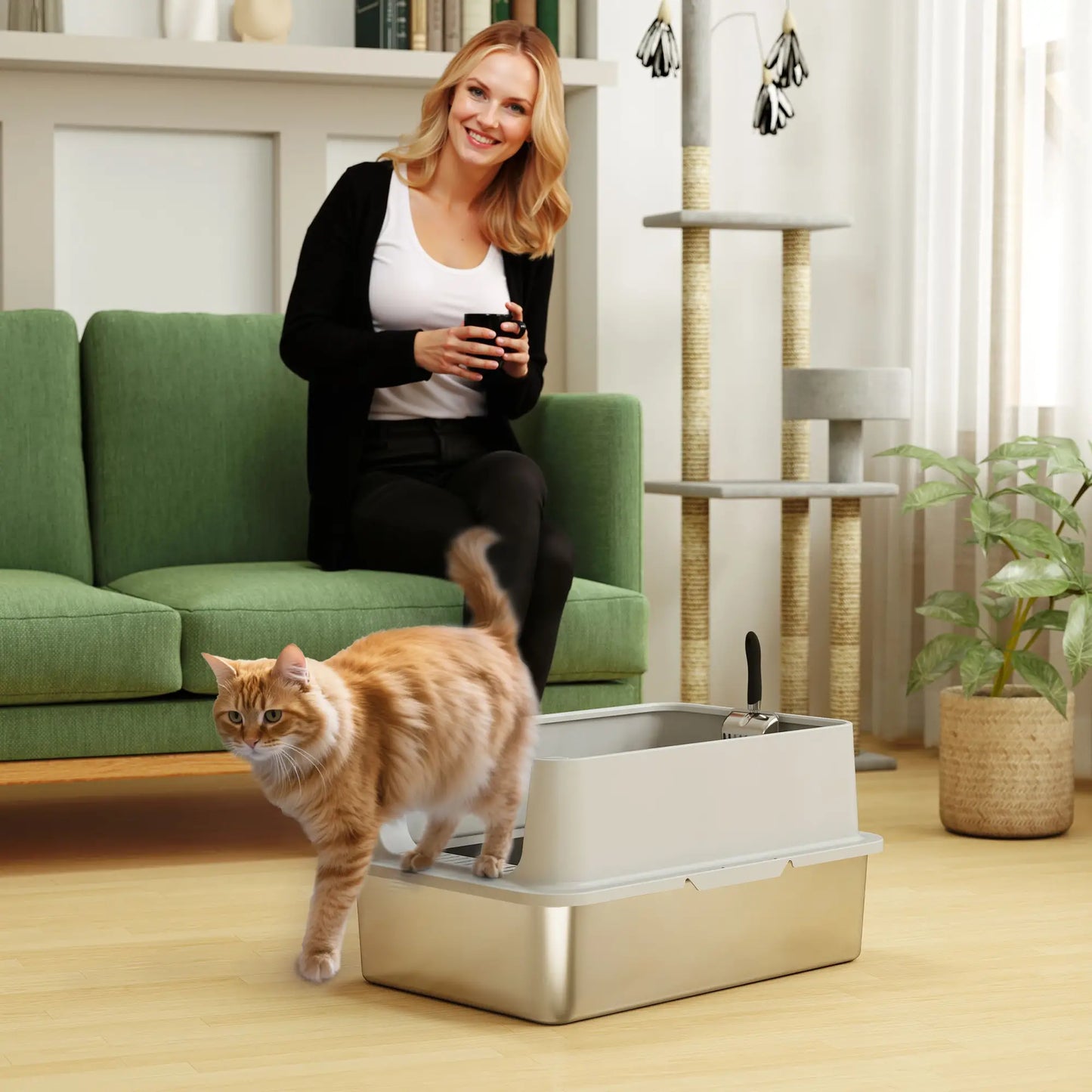 XL Stainless Steel Cat Litter Box, High Wall, Scoop Included, Easy Clean Cat Litter Box Enclosures at Gallery Canada