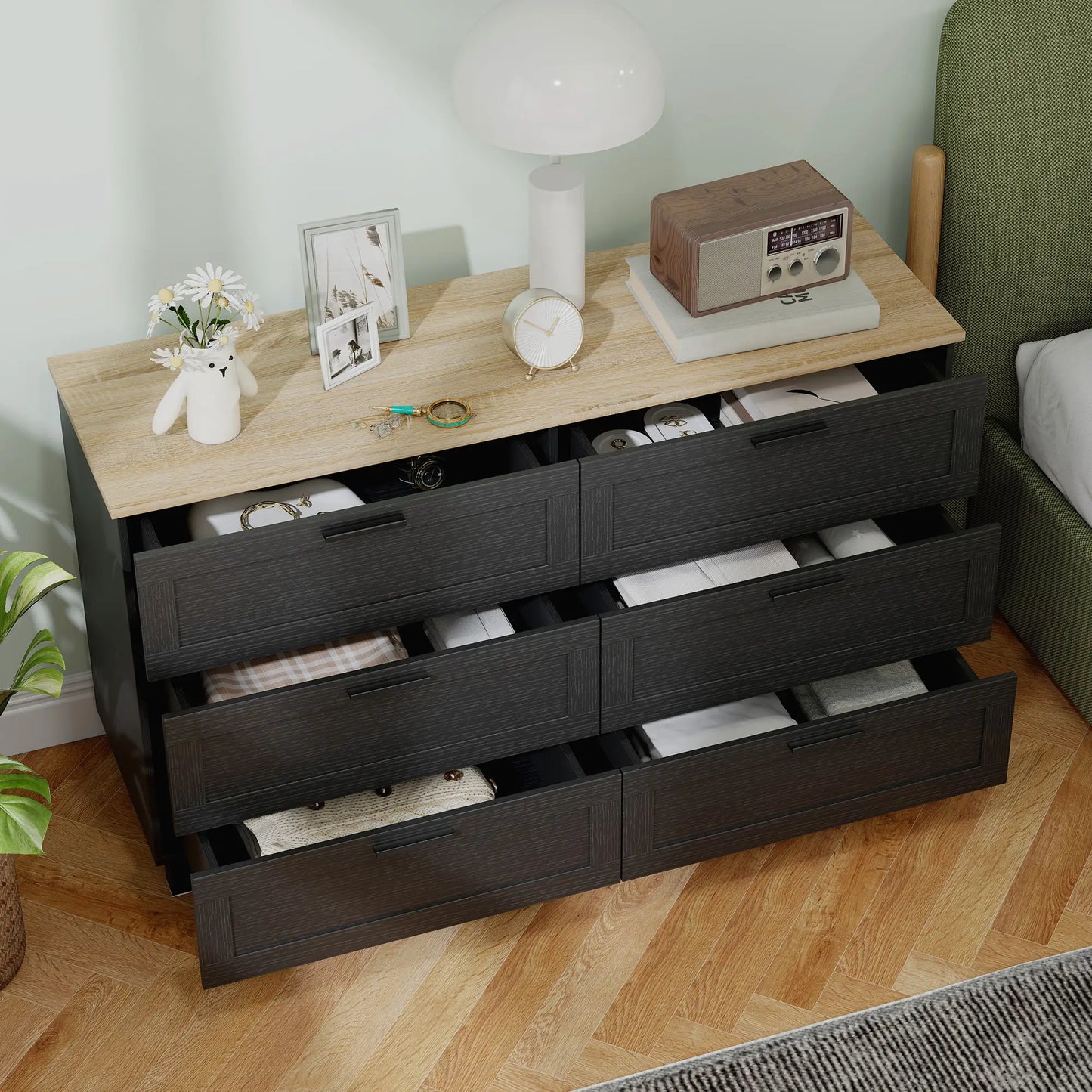 47" Wide Chest Of Drawers, Modern Dresser, 6 Drawers, Wood Legs, Black Storage Cabinets at Gallery Canada