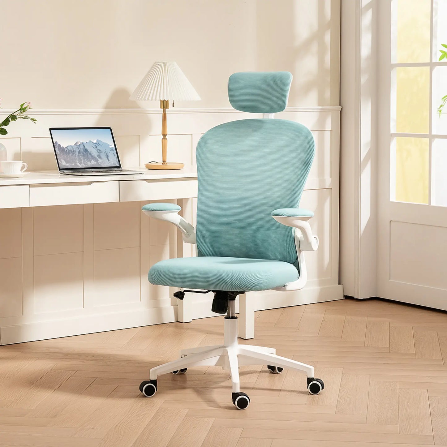 Mesh Office Chair, Adjustable Headrest, 4D Lumbar Support, Flip-Up Arm, Light Green Task Chairs at Gallery Canada
