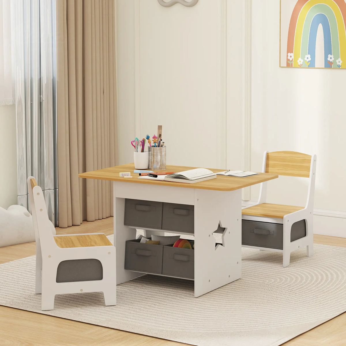 3 Piece Kids Table and Chair Set, 6 Removable Drawers, Natural Kids Table Sets at Gallery Canada